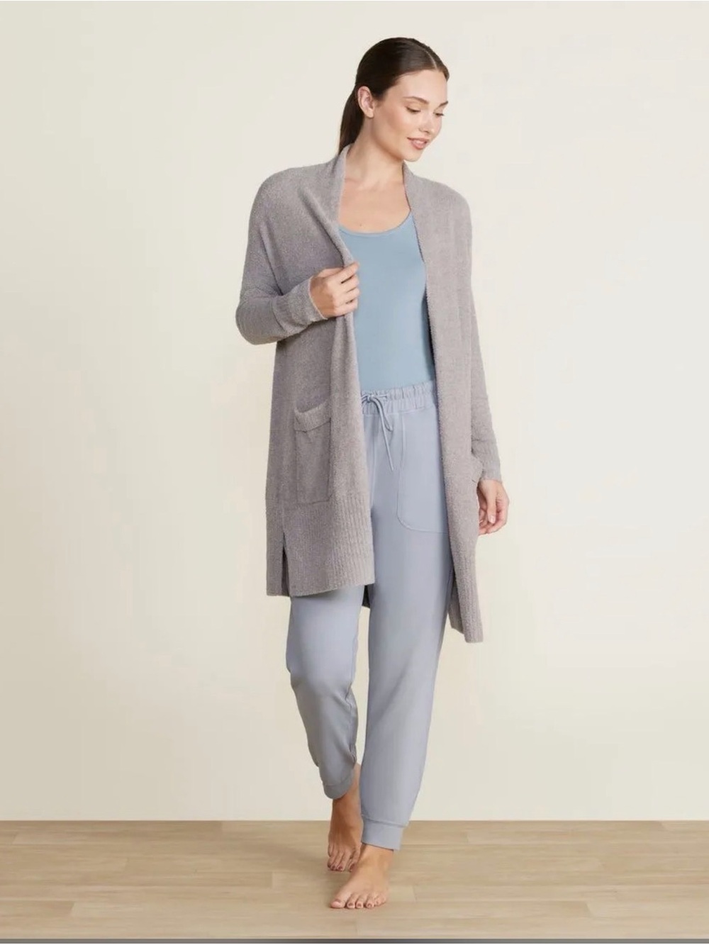 Barefoot Dreams Long Open-Front Robe Cardigan in Light Gray
